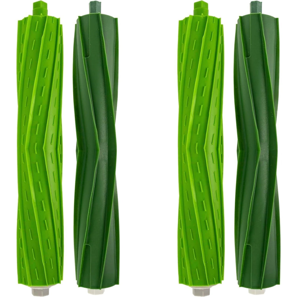 Set of 4 green rubber replacement roller brushes for iRobot Roomba E, I, and J series vacuum cleaners.