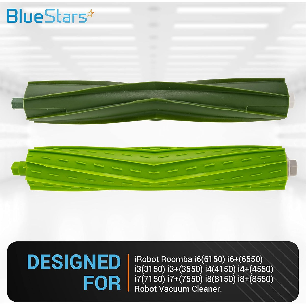 Two replacement rubber roller brushes for iRobot Roomba E, I, and J series vacuum cleaners.