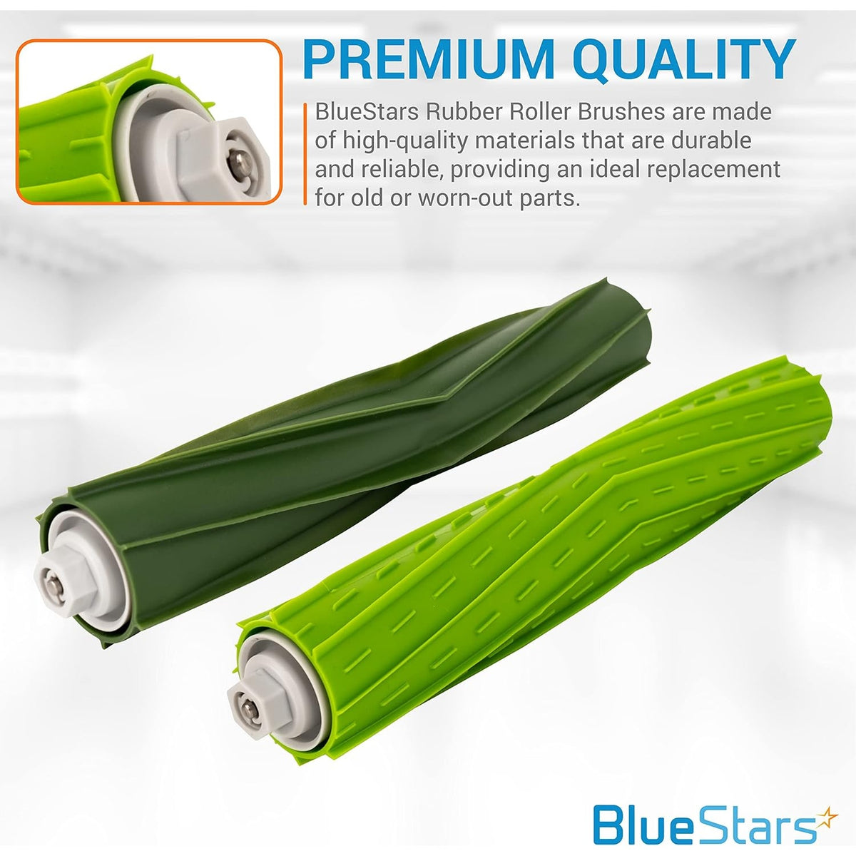 Two replacement rubber roller brushes for iRobot Roomba E, I, and J series vacuum cleaners.
