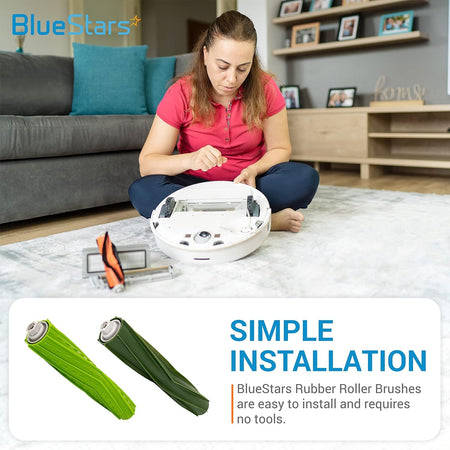 Woman installing replacement rubber roller brushes into an iRobot Roomba vacuum cleaner.