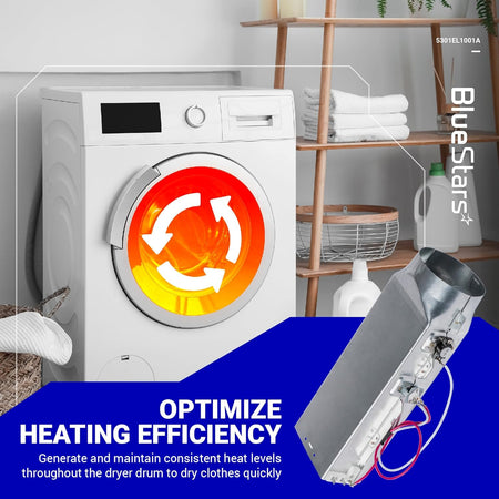 5301EL1001A dryer heating element assembly shown with LG dryer graphic and heating efficiency text.