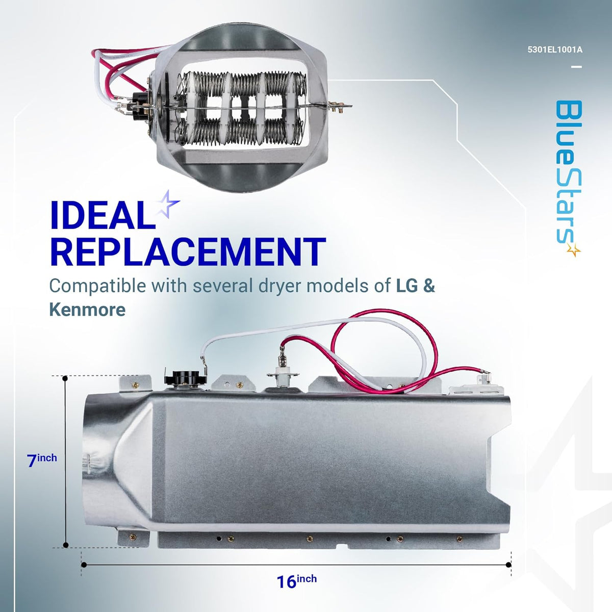 5301EL1001A dryer heating element assembly showing top and side views with dimensions for LG and Kenmore dryers.