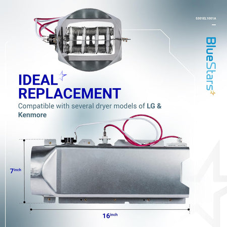 5301EL1001A dryer heating element assembly showing top and side views with dimensions for LG and Kenmore dryers.