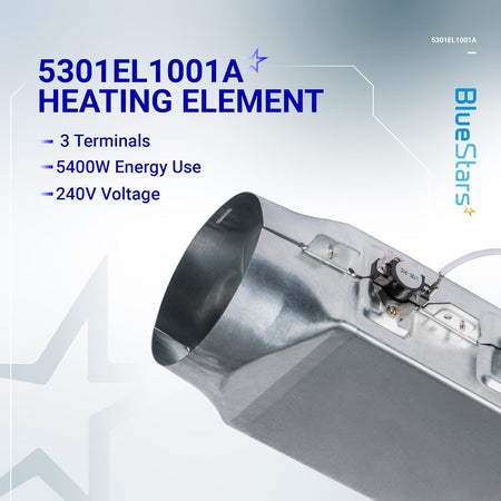 5301EL1001A dryer heating element with 3 terminals, 5400W, and 240V, shown in a product graphic.