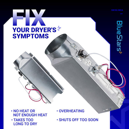 5301EL1001A dryer heating element assembly for LG dryers with thermostat and thermal fuse components.