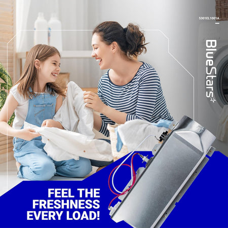 5301EL1001A dryer heating element replacement part shown in a lifestyle marketing graphic with a mother and daughter.