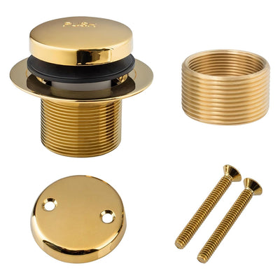 Gold tip-toe tub drain, two-hole overflow faceplate, threaded bushing, and mounting screws for standard US tubs.