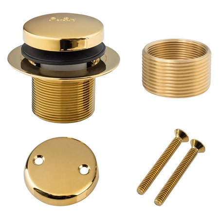 Gold tip-toe tub drain, two-hole overflow faceplate, threaded bushing, and mounting screws for standard US tubs.