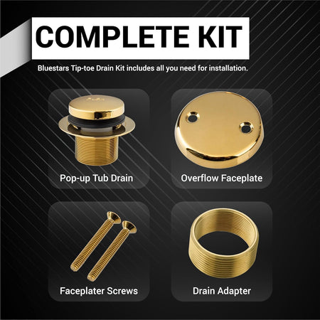 Gold tip-toe tub trim kit components including pop-up drain, two-hole overflow faceplate, screws, and drain adapter.