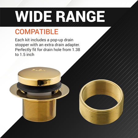Gold tip-toe tub drain stopper and threaded adapter for 1.40-1.50 inch standard drain sizes.