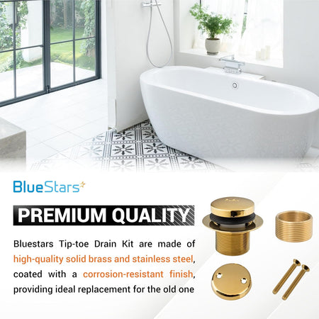 Gold tip-toe tub drain stopper and two-hole overflow faceplate kit with installation hardware.
