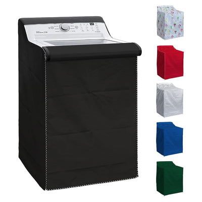 Black premium outdoor top-load washing machine cover installed on a washer with additional color options shown on side.
