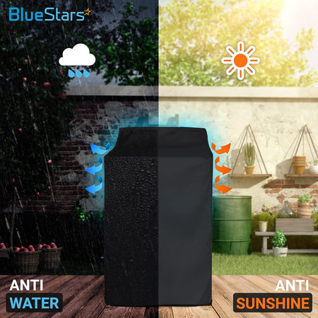 Black top-load washing machine cover demonstrating waterproof and sun-resistant outdoor protection features.