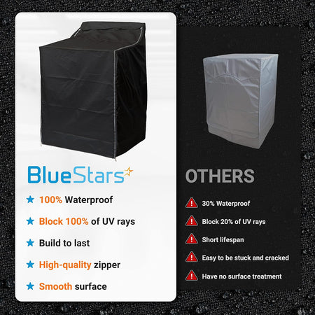 Comparison chart showing BlueStars premium black top-load washing machine cover versus a standard grey cover.