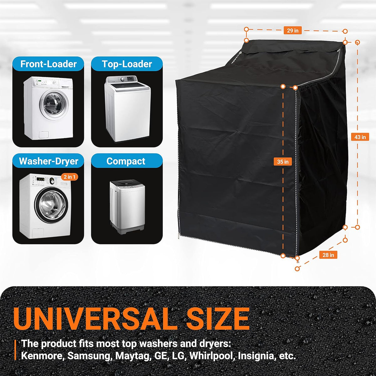 Black washing machine cover showing dimensions and compatibility with various top-load and front-load washer models.