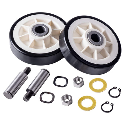Dryer drum support roller kit with two wheels, shafts, nuts, washers, and retaining clips for Maytag and Jenn-Air dryers.