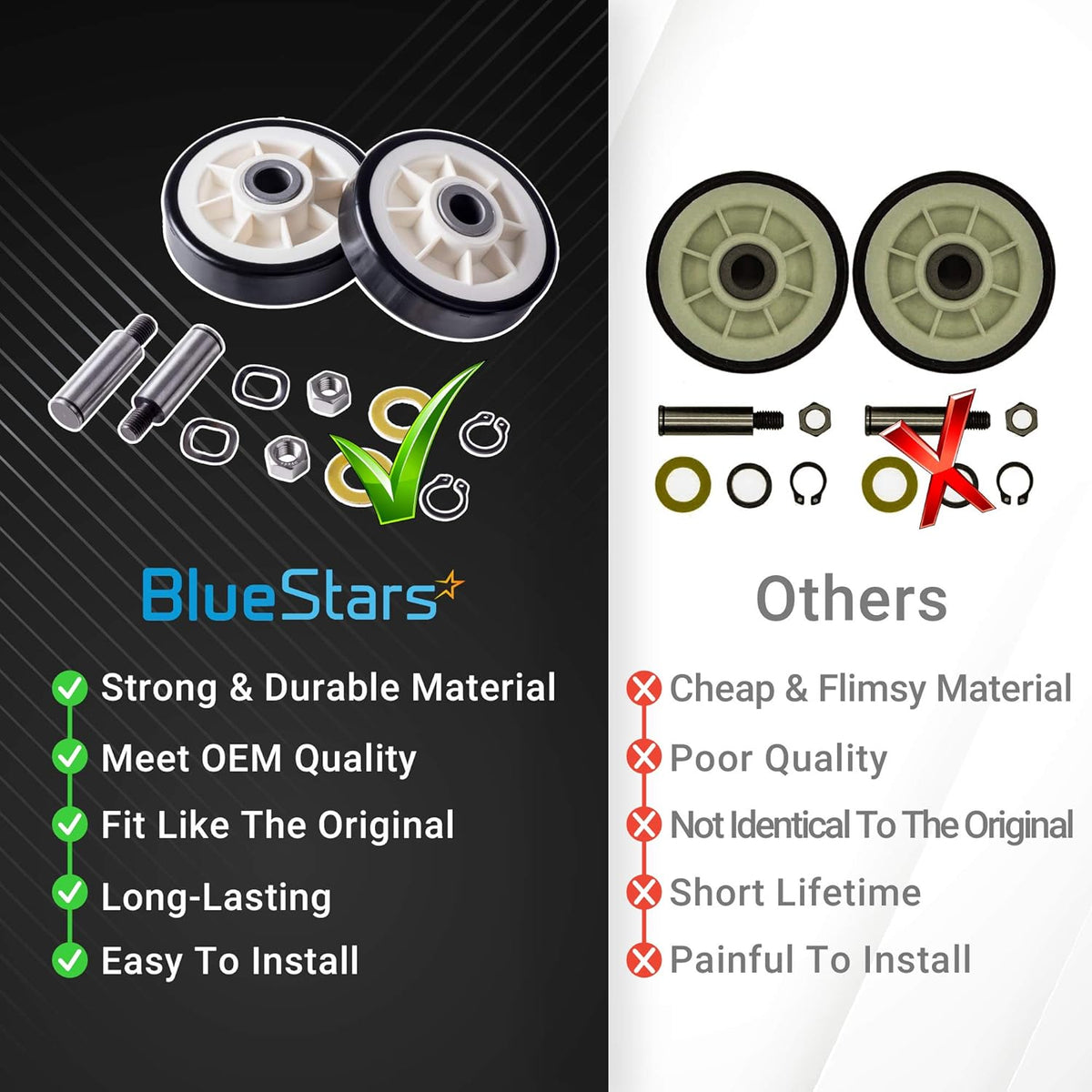 Comparison chart showing BlueStars dryer drum support roller kit quality versus generic alternatives.
