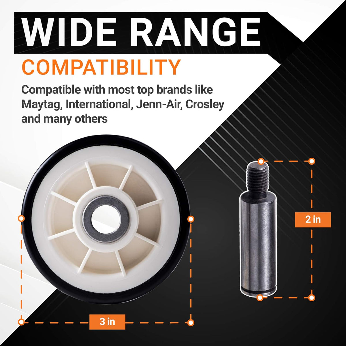 Dryer drum support roller and shaft with dimension labels showing 3-inch and 2-inch measurements for compatibility.