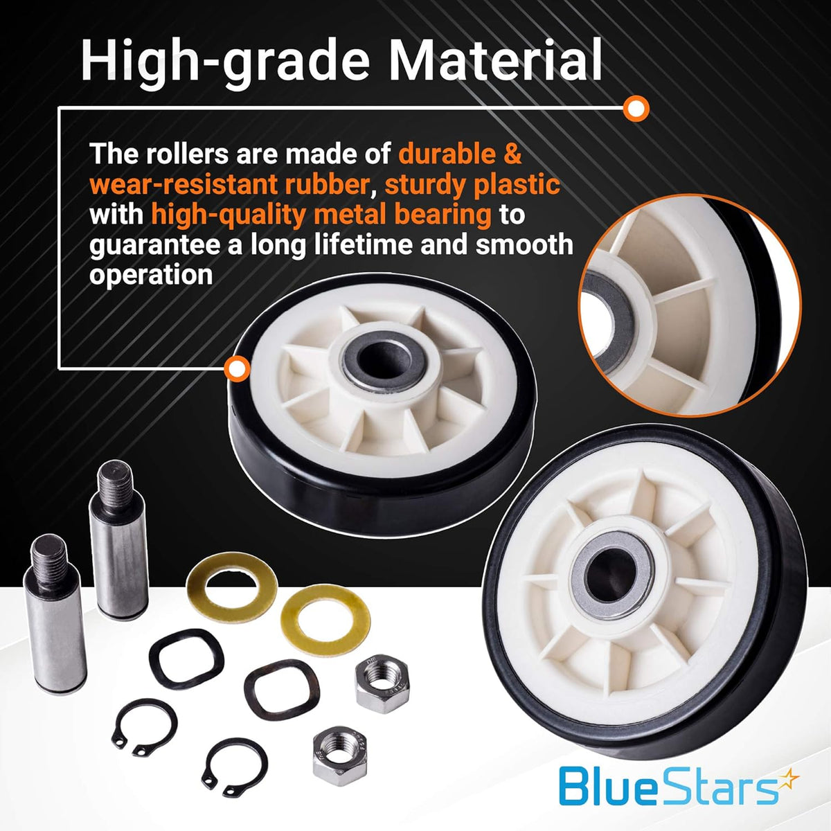 Dryer drum support roller kit components including two wheels, shafts, washers, and clips for Maytag and Jenn-Air dryers.