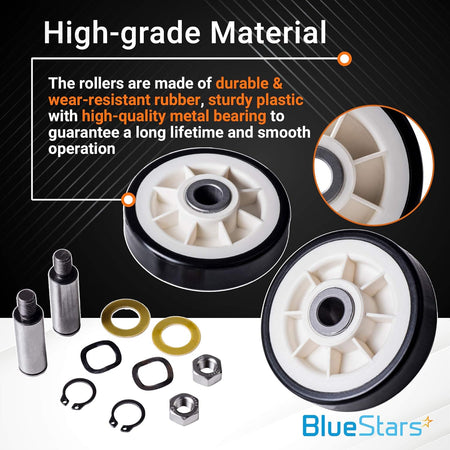 Dryer drum support roller kit components including two wheels, shafts, washers, and clips for Maytag and Jenn-Air dryers.