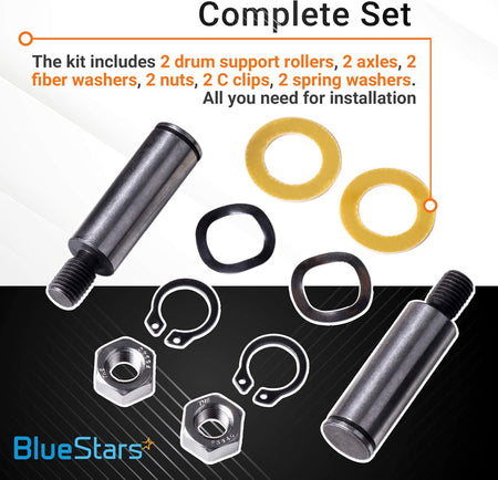 Dryer drum support roller kit components including axles, rollers, washers, nuts, and clips for Maytag and Jenn-Air dryers.
