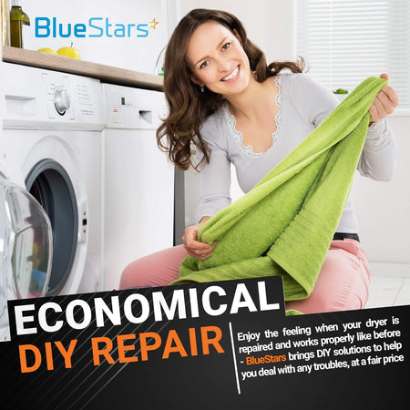 Woman holding a green towel in front of a dryer, promoting economical DIY repair for dryer drum support roller kits.