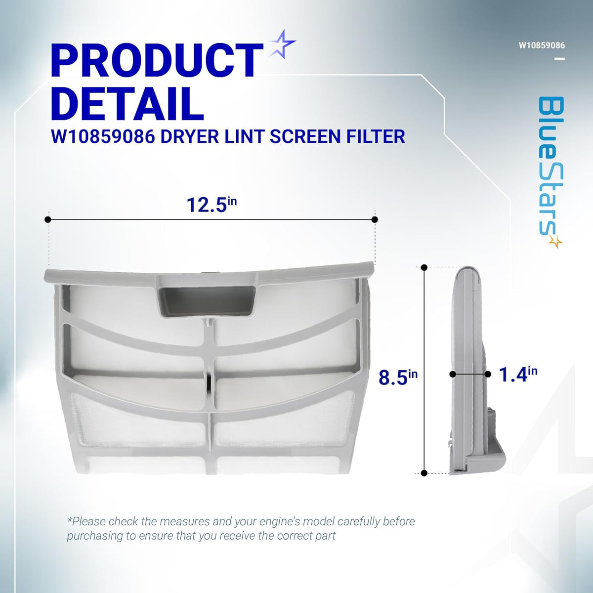 W10859086 dryer lint screen filter showing front and side dimensions of 12.5 inches by 8.5 inches by 1.4 inches.