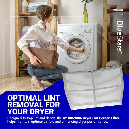 W10859086 dryer lint screen filter shown in a lifestyle graphic for Whirlpool, Maytag, and Kenmore dryers.