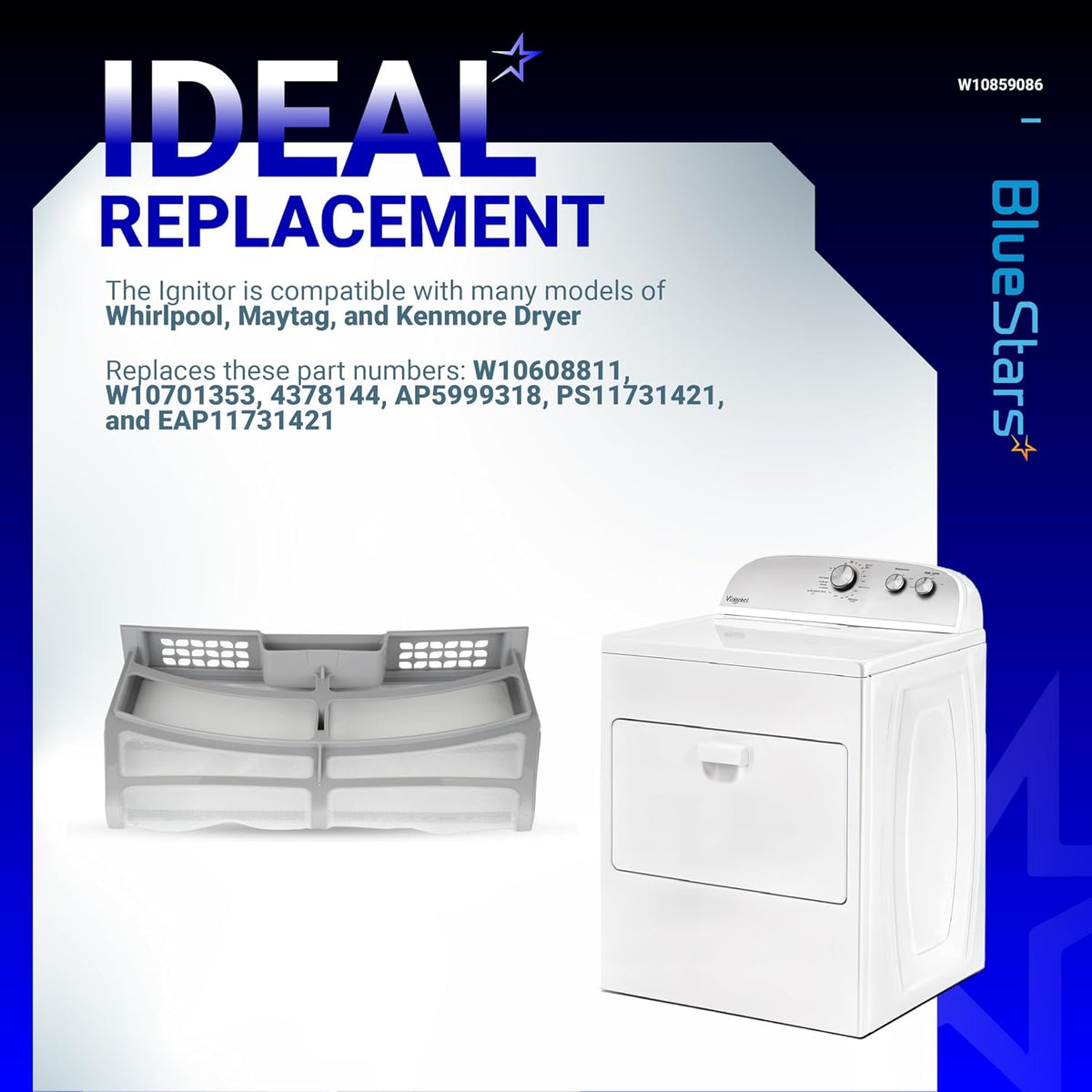 W10859086 dryer lint screen filter replacement for Whirlpool, Maytag, and Kenmore dryers with compatible dryer unit.