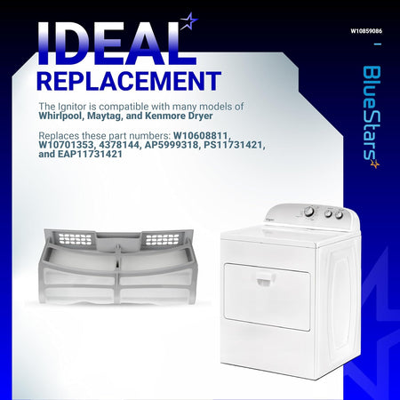 W10859086 dryer lint screen filter replacement for Whirlpool, Maytag, and Kenmore dryers with compatible dryer unit.