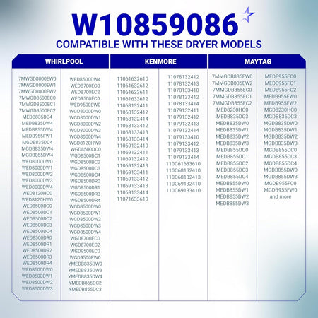 Compatibility chart for W10859086 dryer lint screen filter listing Whirlpool, Maytag, and Kenmore models.