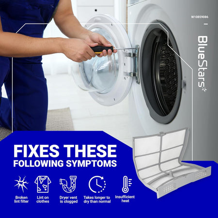 W10859086 dryer lint screen filter infographic showing repair symptoms and compatibility for Whirlpool and Maytag dryers.