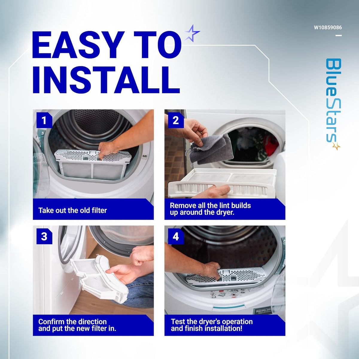 Four-step installation guide for W10859086 dryer lint screen filter showing removal and replacement process.