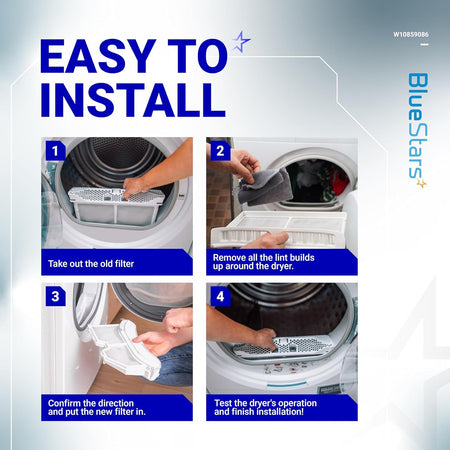Four-step installation guide for W10859086 dryer lint screen filter showing removal and replacement process.