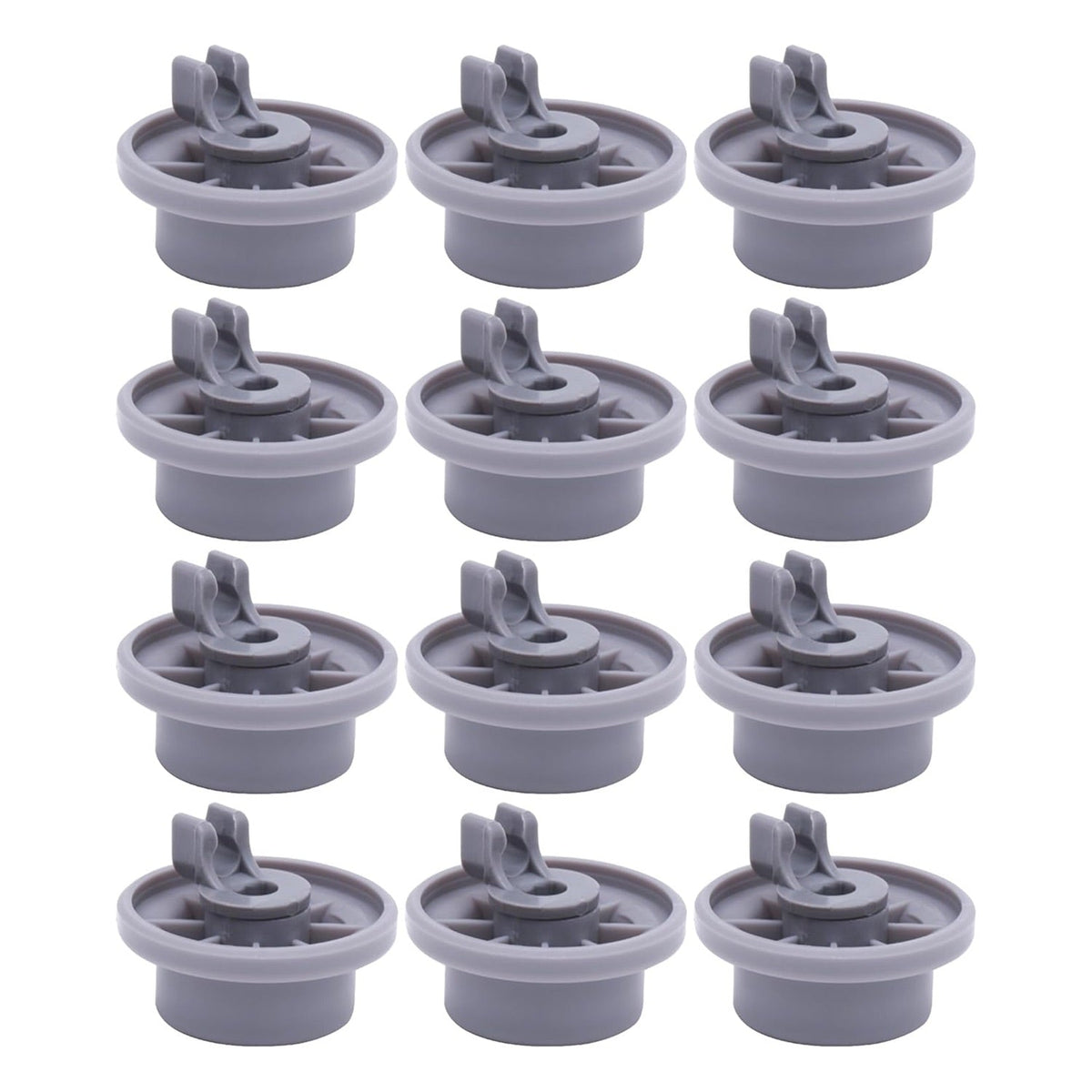 Set of 12 grey dishwasher lower rack wheels compatible with Bosch and Kenmore dishwashers.