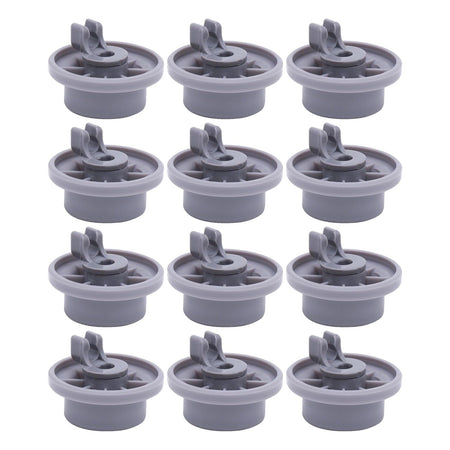 Set of 12 grey dishwasher lower rack wheels compatible with Bosch and Kenmore dishwashers.