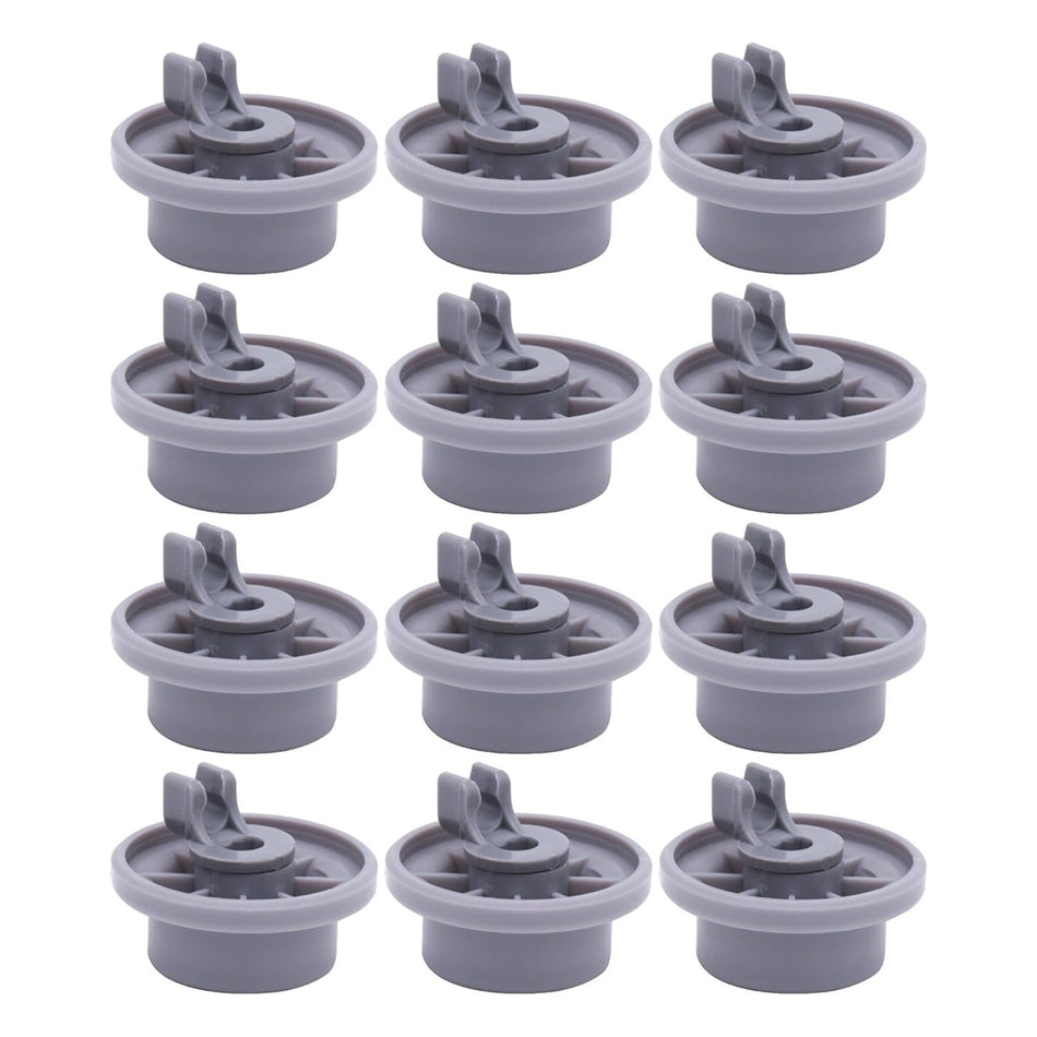 Set of 12 grey dishwasher lower rack wheels compatible with Bosch and Kenmore dishwashers.
