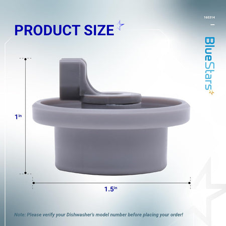 165314 dishwasher lower rack wheel showing 1-inch by 1.5-inch dimensions for Bosch and Kenmore compatibility.
