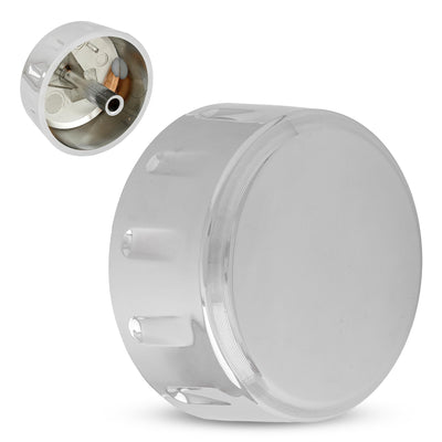 Chrome WE01X21167 control knob replacement for GE washer and dryer, showing front and back views.