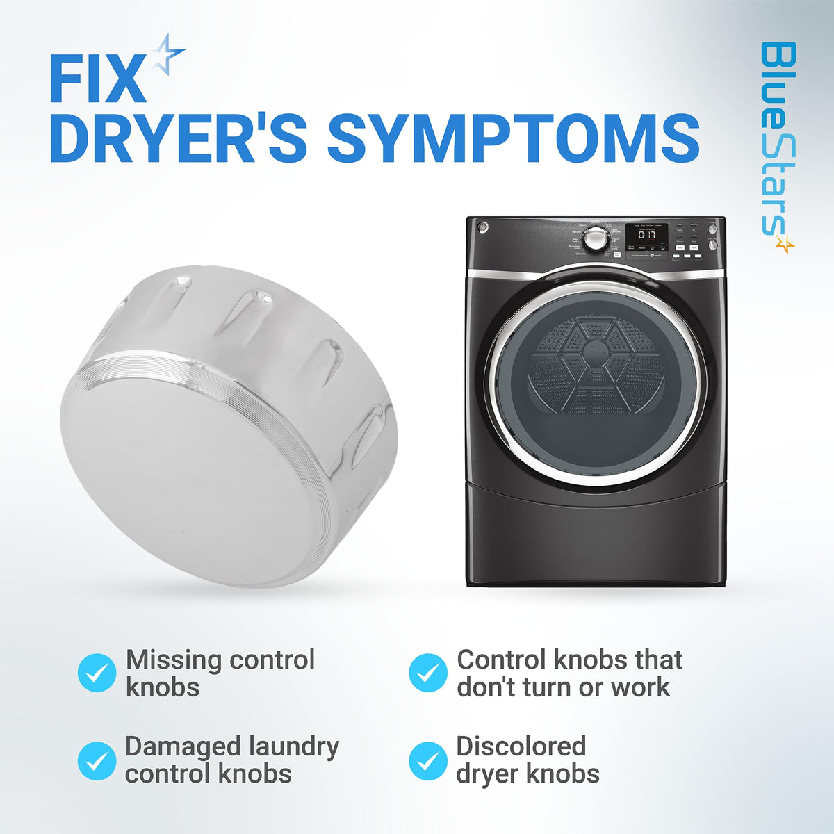 WE01X21167 replacement control knob for GE dryer showing common repair symptoms and compatibility.