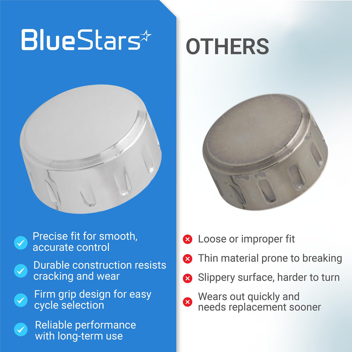 Comparison chart showing WE01X21167 dryer control knob quality versus a standard worn-out replacement knob.
