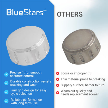 Comparison chart showing WE01X21167 dryer control knob quality versus a standard worn-out replacement knob.