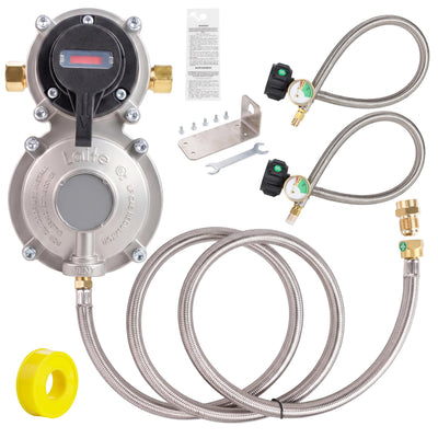 2-stage automatic changeover LP propane gas regulator kit with pigtail hoses, 4ft outlet hose, bracket, and hardware.