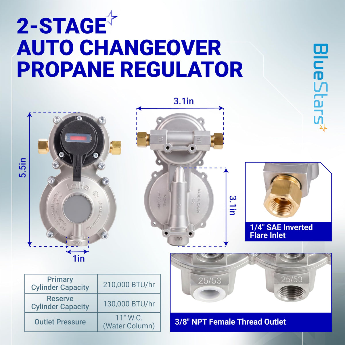 2-stage auto changeover propane regulator with dimensions, 1/4" SAE inverted flare inlet, and 3/8" NPT female outlet.