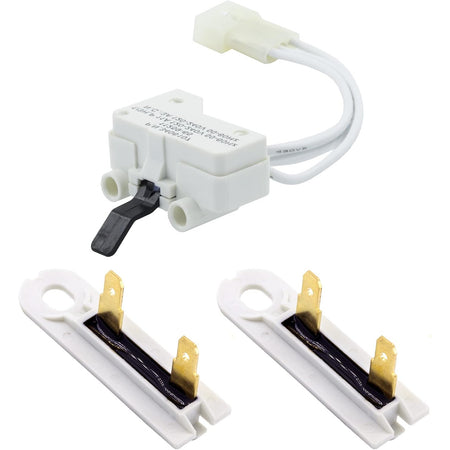 3392519 PO2 & 3406107 Dryer Thermal Fuse and Door Switch Set, showing a door switch and two thermal fuses