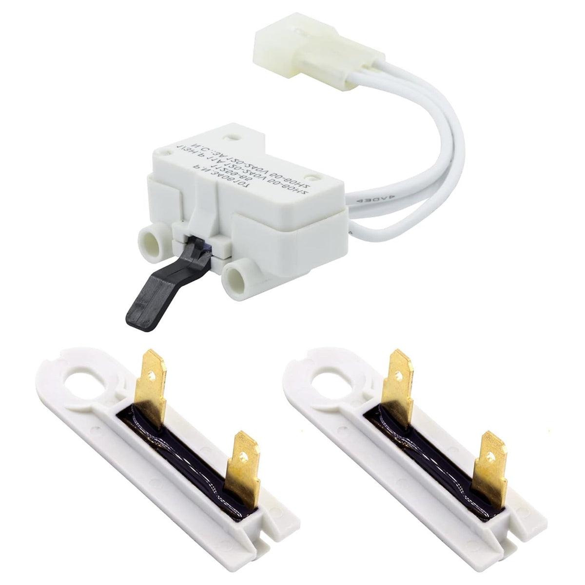 Replacement dryer door switch and two thermal fuses for Whirlpool and Kenmore dryers.