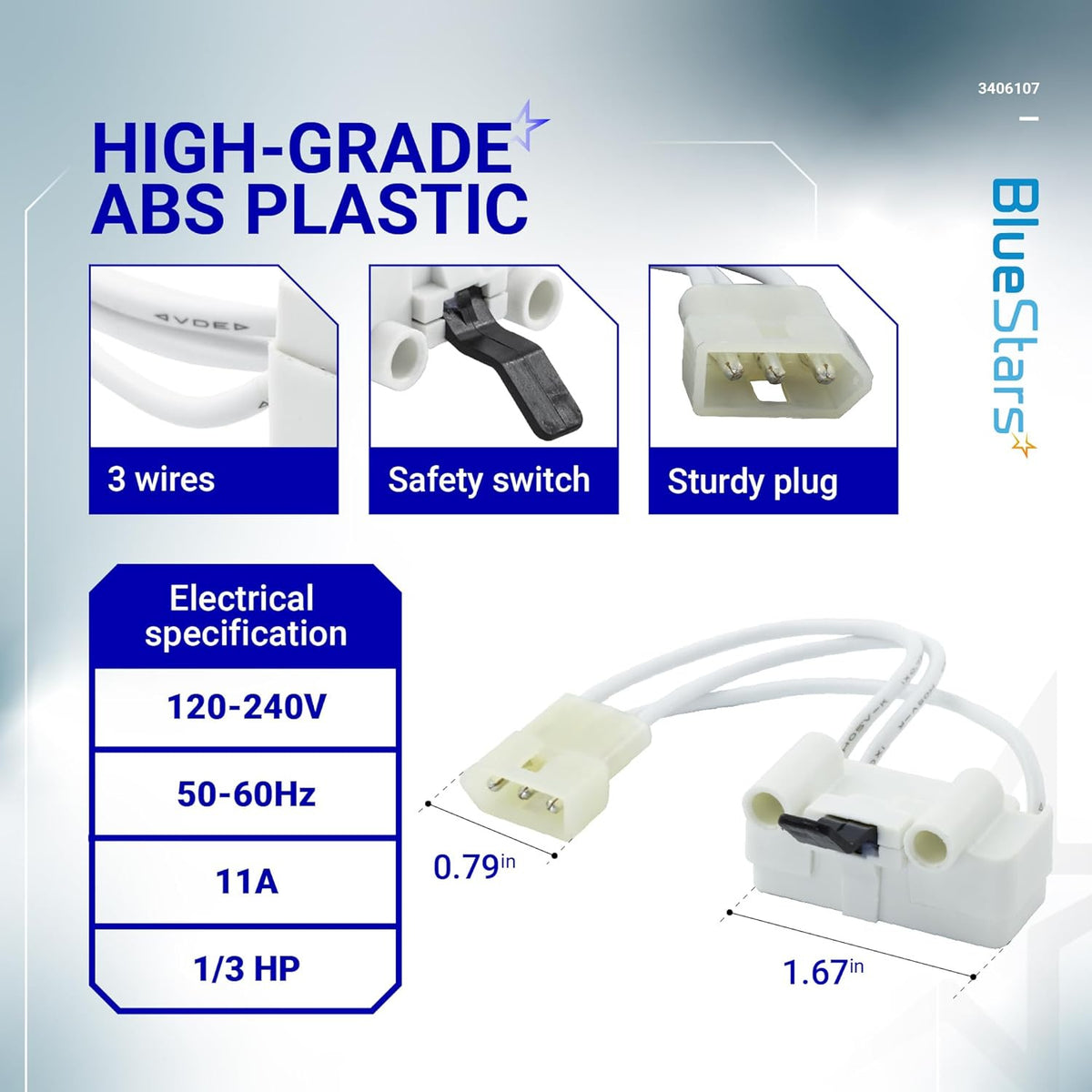 3392519 PO2 & 3406107 Dryer Thermal Fuse and Door Switch Set, product diagram with dimensions and electrical specifications