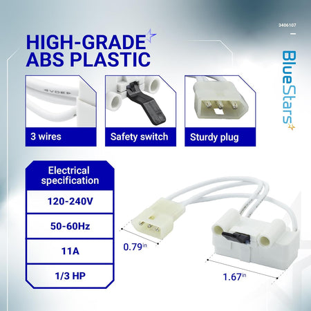 3392519 PO2 & 3406107 Dryer Thermal Fuse and Door Switch Set, product diagram with dimensions and electrical specifications