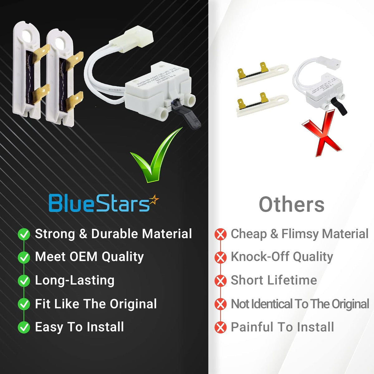 Comparison chart showing durable BlueStars dryer thermal fuse and door switch set versus low-quality alternatives.