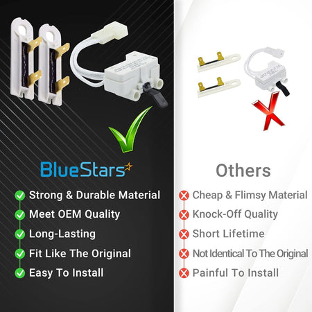 Comparison chart showing durable BlueStars dryer thermal fuse and door switch set versus low-quality alternatives.